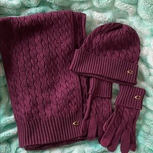 Coach Burgundy Cable Knit Accessory Set